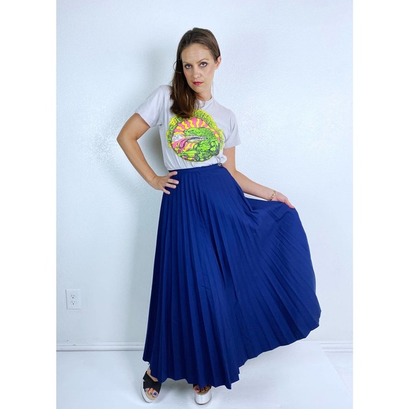 vintage 70s Navy high waisted PLEATED Maxi SKIRT xxs/xs full skirt knife pleats - Picture 9 of 10
